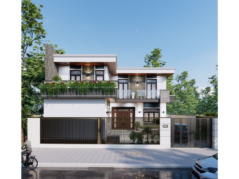 Thiết kế nhà ngang 12m sâu 8m 2 tầng chữ L tối ưu diện tích