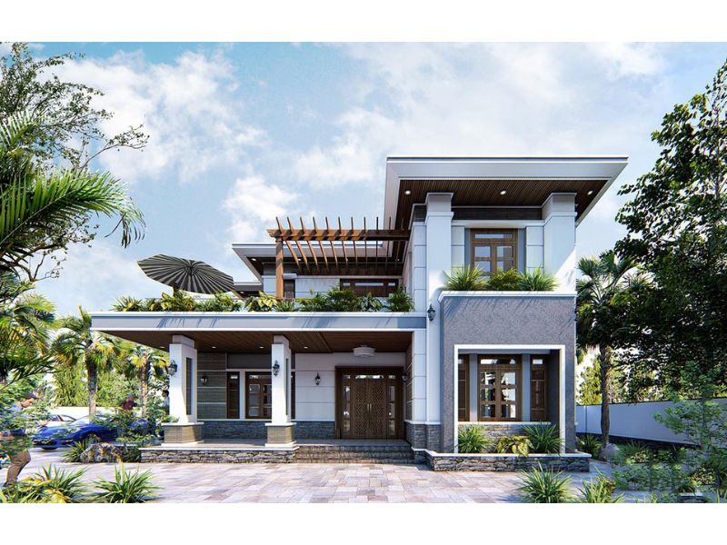Thiết kế nhà ngang 12m chữ L 2 tầng độc đáo