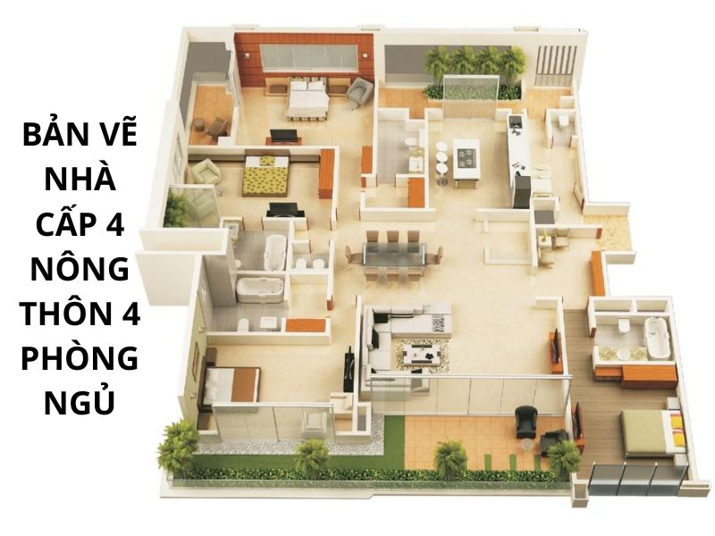 Bản vẽ nhà cấp 4 nông thôn 4 phòng ngủ đẹp, khoa học
