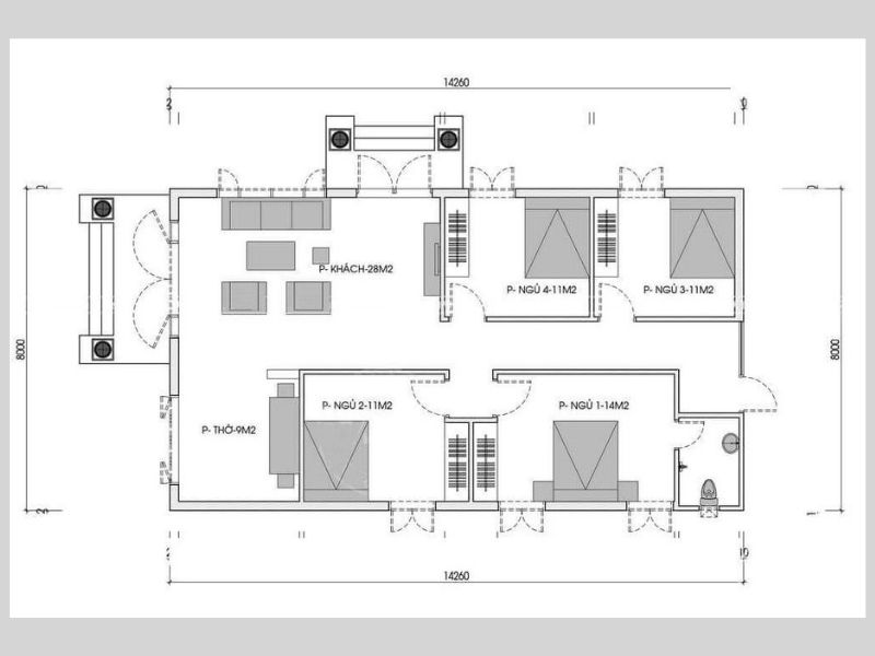 Bản vẽ mặt bằng nhà cấp 4 nông thôn 4 phòng ngủ