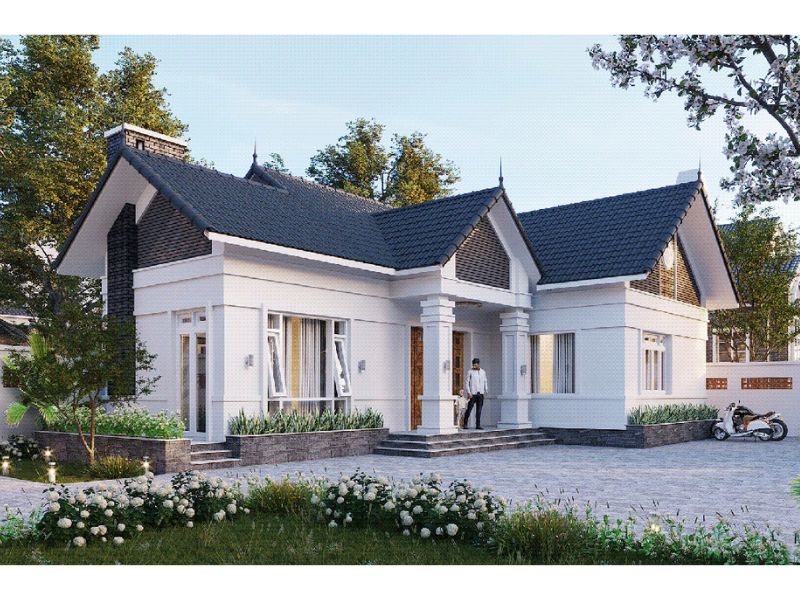 Chia sẻ thiết kế nhà cấp 4 mái Thái với màu sơn trắng chủ đạo thanh lịch