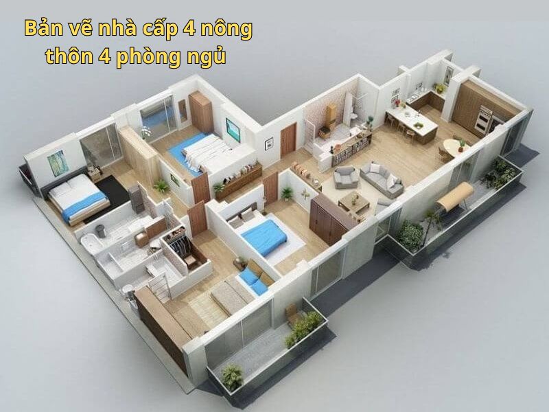 Mô hình bản vẽ côn năng nhà cấp 4 4 phòng ngủ ở nông thôn