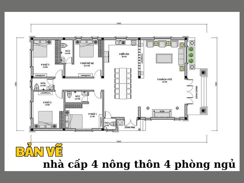 Mẫu bản vẽ nhà cấp 4 nông thôn 4 phòng ngủ khoa học