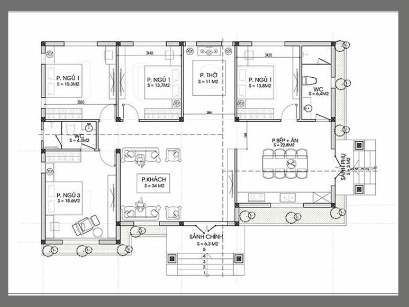 Chia sẻ cách bố trí bản vẽ nhà cấp 4 nông thôn 4 phòng ngủ tiện nghi