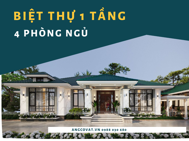Bản vẽ biệt thự 1 tầng 4 phòng ngủ mái nhật đẹp 