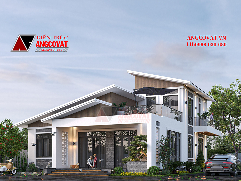 bản vẽ 3d phối cảnh nhà biệt thự 1 tầng 4 phòng ngủ hiện đại 