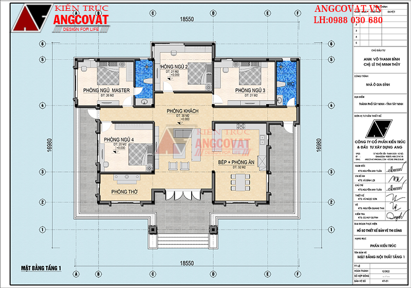 Bản vẽ mặt bằng biệt thự 1 tầng 4 phòng ngủ 1 khách bếp diện tích 210m2