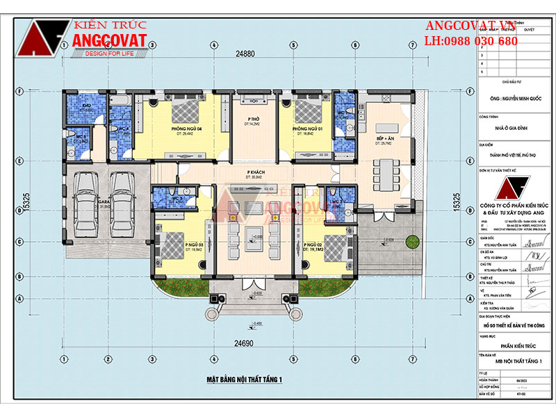 Mặt bằng nhà 1 tầng tân cổ điển 4 phòng ngủ có gara