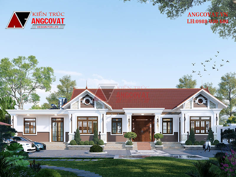 Thiết kế biệt thự 1 tầng mái ngói 4 phòng ngủ kết hợp phòng thờ ở quê