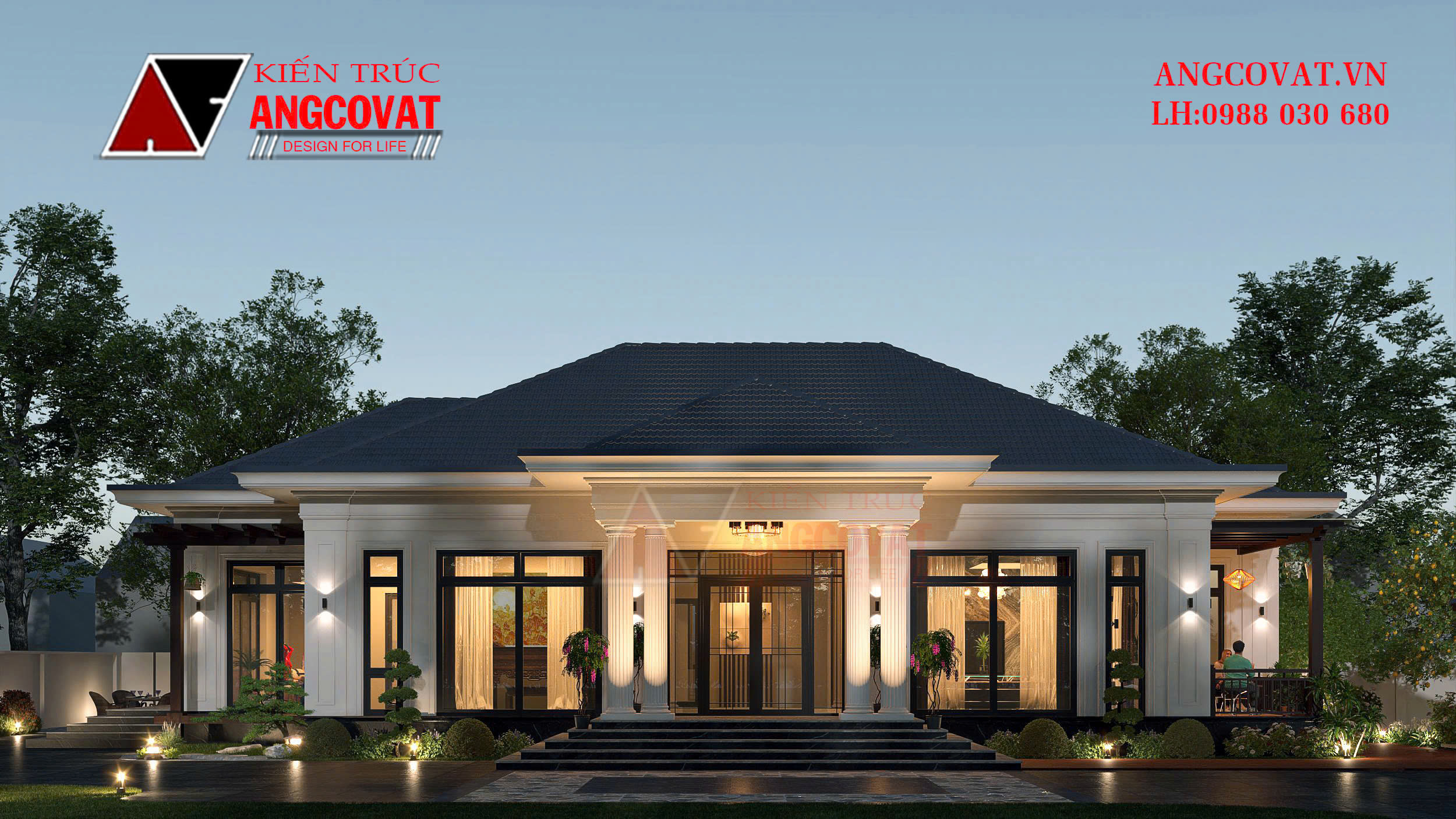 bản vẽ nhà biệt thự 1 tầng mái nhật 4 phòng ngủ nông thôn 