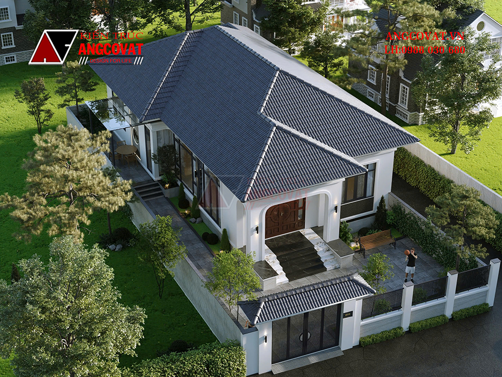 Thiết kế nhà 1 tầng mái nhật 4 phòng ngủ mặt tiền 9m