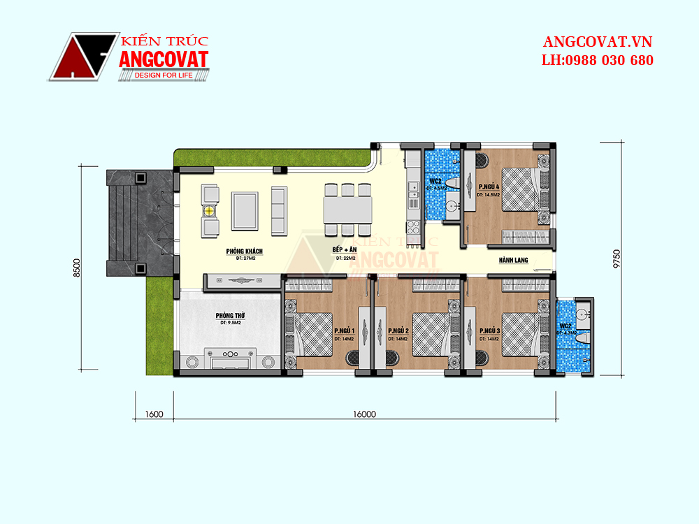 mặt bằng công năng nhà 1 tầng có 4 phòng ngủ 1 khách 1 bếp ăn 