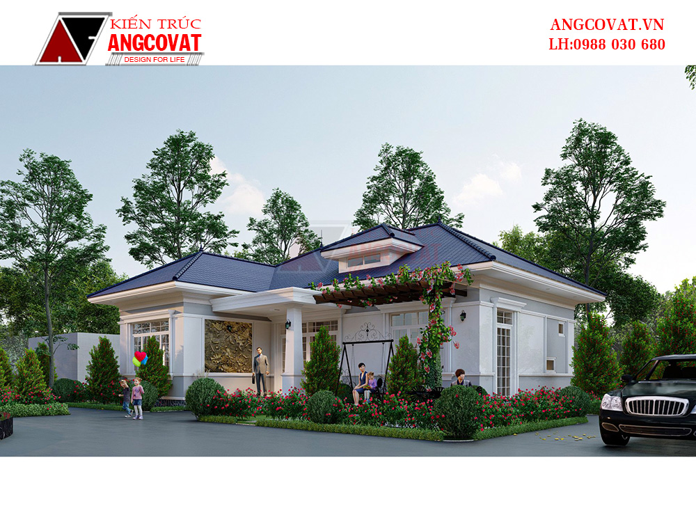 Biệt thự vườn 1 tầng 4 phòng ngủ mái nhật tân cổ điển nhẹ 