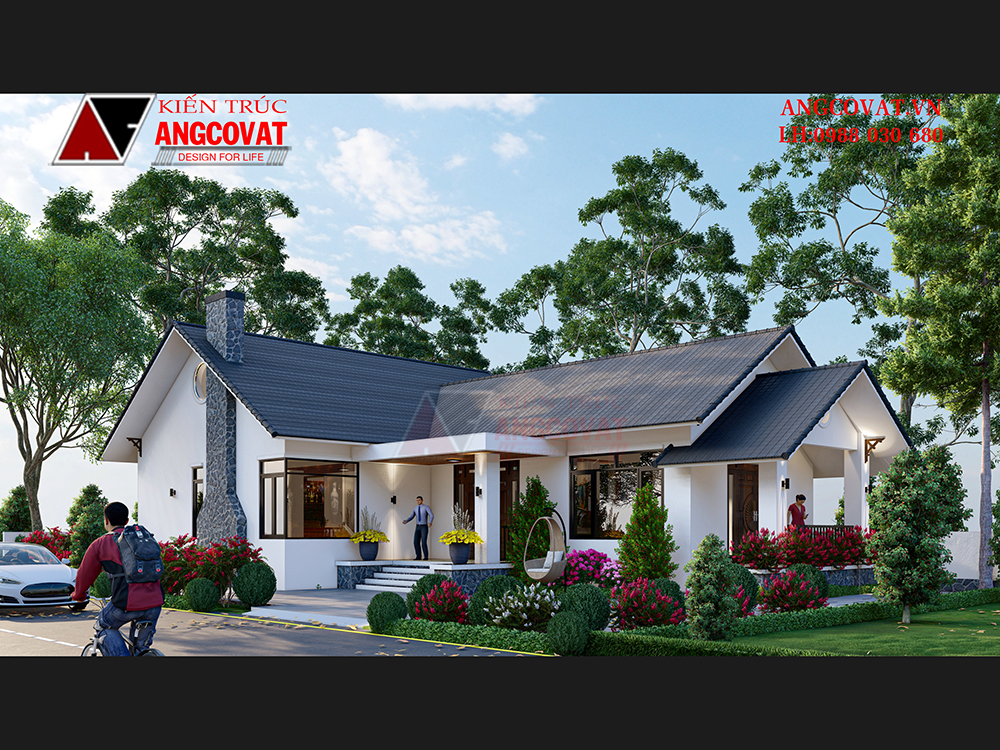 Thiết kế nhà 1 tầng 4 phòng ngủ mái thái hiện đại 