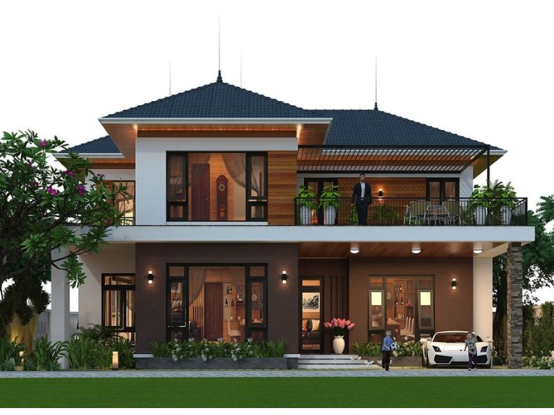 Thiết kế sân trước trong mẫu biệt thự 2 tầng mái Nhật đem đến sự thoải mái và thư giãn