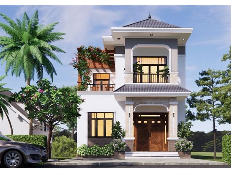 Ngoại thất sang trọng kết hợp tiểu cảnh xanh mát của mẫu nhà 2 tầng mặt tiền rộng 7m