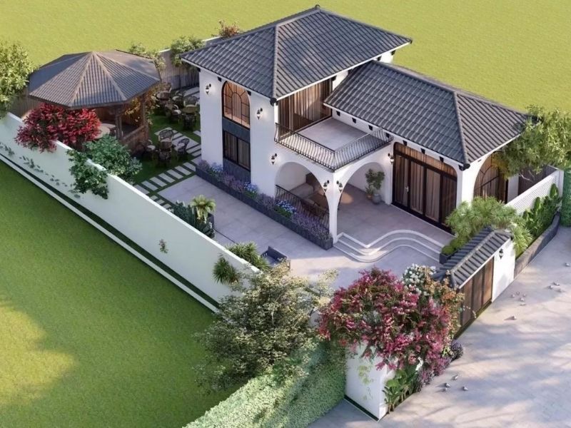 Mẫu nhà 2 tầng có hồ cá tạo sự thoáng đãng, gần gũi thiên nhiên