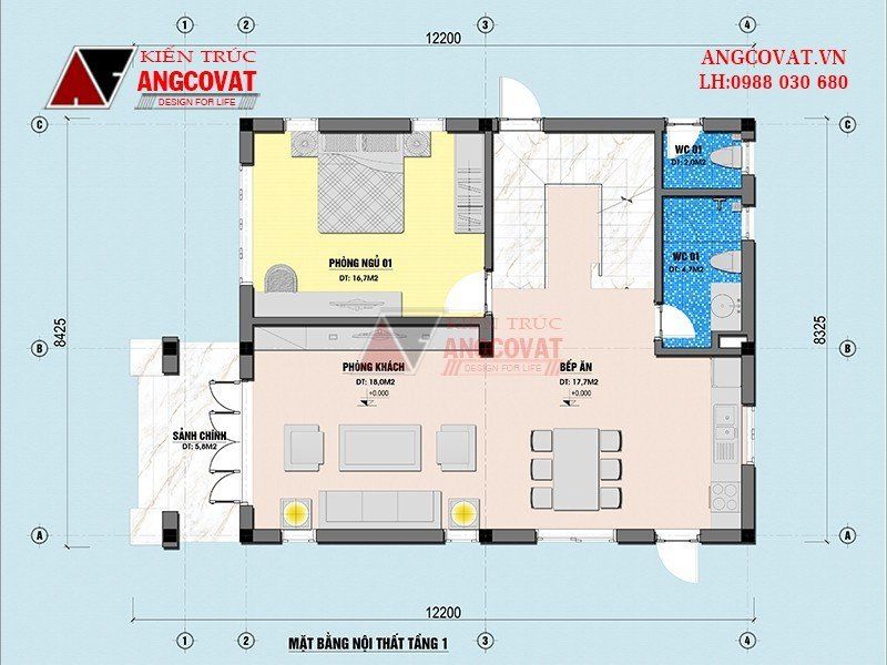 Mặt bằng công năng tầng 1 biệt thự 2 tầng không gian mở