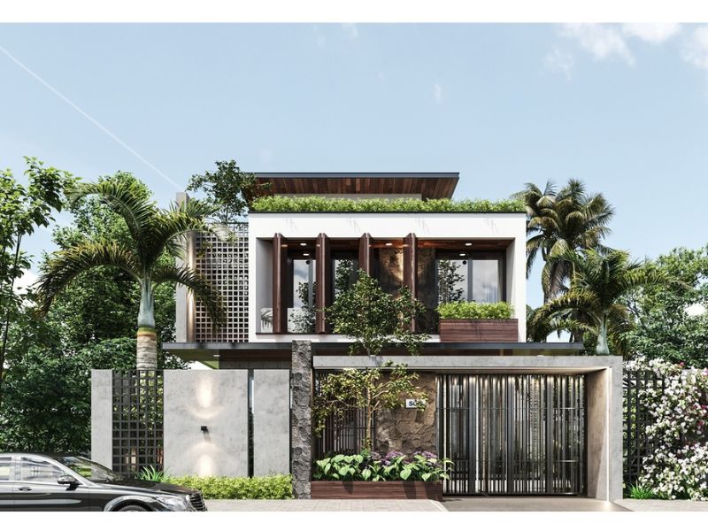 Biệt thự mini 2 tầng có hồ cá, giếng trời phong cách hiện đại