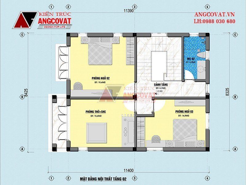 Mặt bằng công năng tầng 2 biệt thự 2 tầng không gian mở