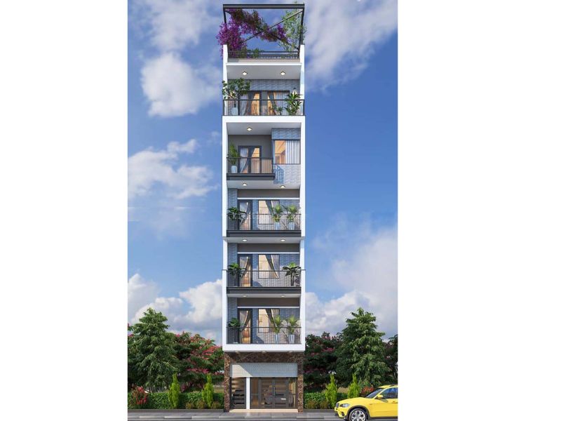 Thiết kế chung cư mini 60m2 có sân thượng thoáng đãng và gara để xe tiện lợi