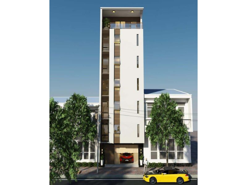 Mặt tiền chung cư mini 60m2 sử dụng lam chắn giúp chống nắng và lưu thông không khí hiệu quả 