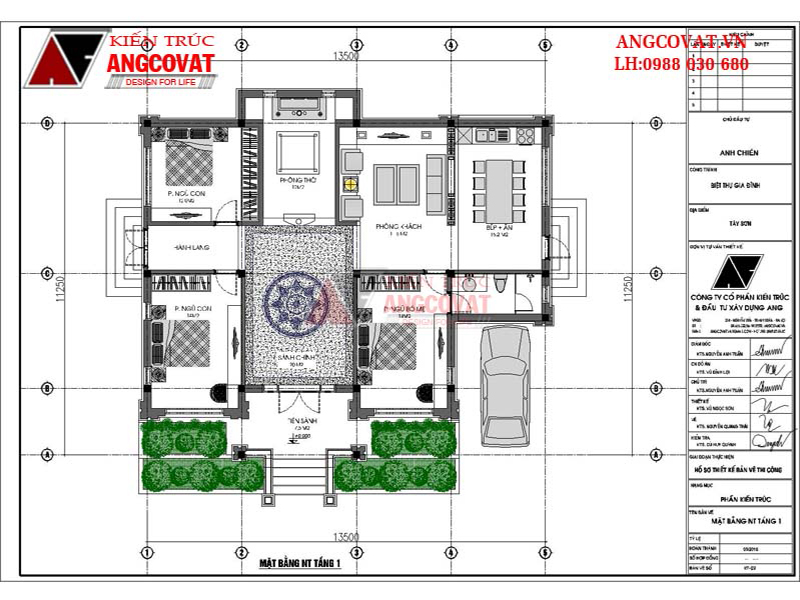  Mặt bằng nội thất thiết kế nhà 1 tầng 3 phòng ngủ có gara diện tích 130m2 mái thái xa hoa