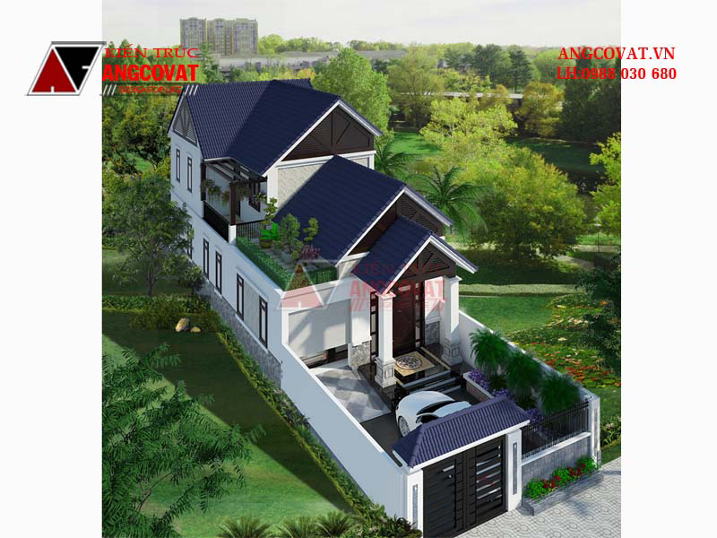 Phối cảnh view 3: thiết kế mái nhà 1 tầng 3 phòng ngủ có gara 100m2 tại Điện Biên