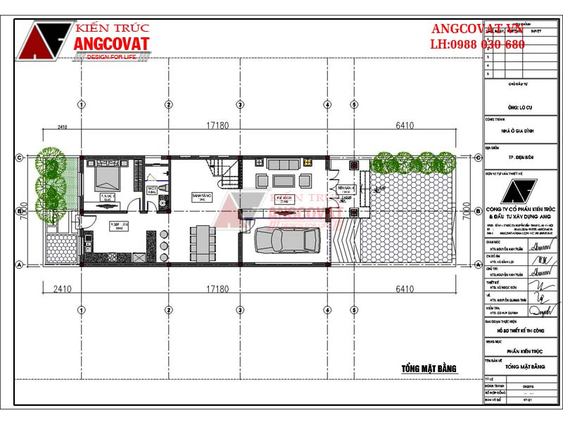  Mặt bằng nội thất tầng 1 thiết kế nhà 1 tầng 3 phòng ngủ có gara 100m2 tại Điện Biên