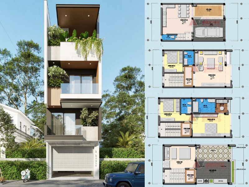 Mặt bằng nhà 4 tầng 3 phòng ngủ có gara để xe ô tô tiện lợi 