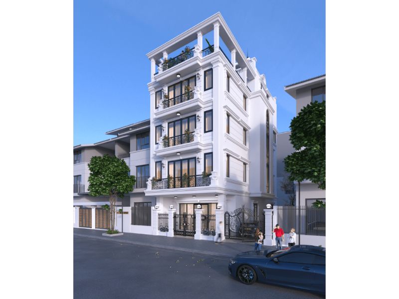 Mặt tiền nhà 4 tầng thiết kế đăng đối với điểm nhấn lan can sắt thẩm mỹ 