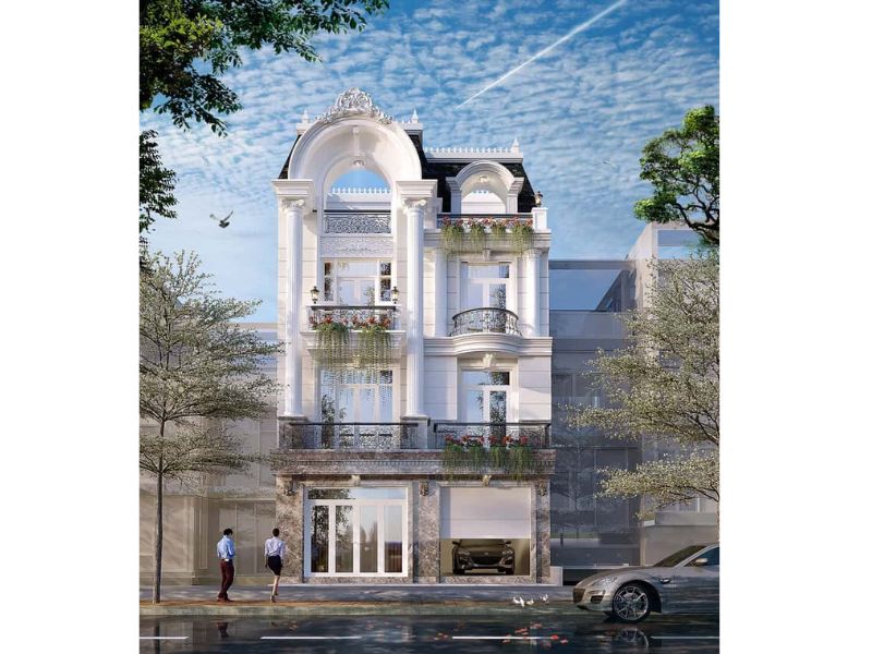 Biệt thự mặt tiền 7m tân cổ kiểu Pháp với trụ cột bề thế và hệ mái Mansard sang trọng 