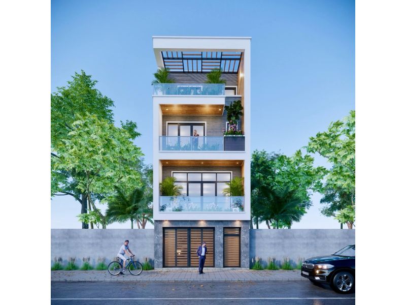 Thiết kế nhà 4 tầng có ban công rộng và mặt tiền ốp đá 