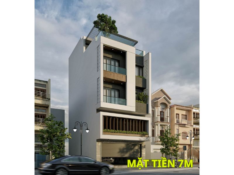 Thiết kế nhà 4 tầng mặt tiền 7m dài 15m có tum 