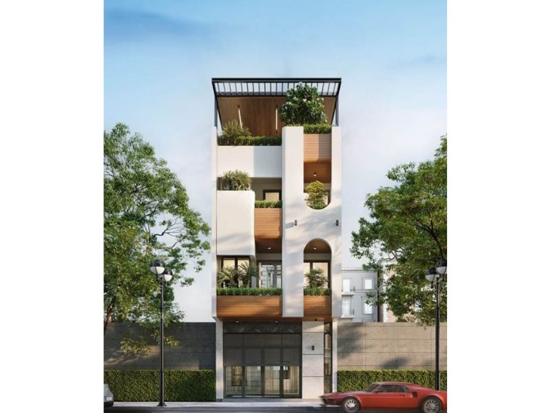 Ngoại thất nhà 4 tầng mặt tiền 7m bố trí linh hoạt các mảng khối 