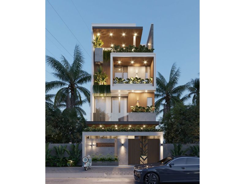 Hình ảnh ánh sáng lung linh hắt xuống làm nổi bật từng đường nét kiến trúc và vật liệu trong mẫu nhà 4 tầng 