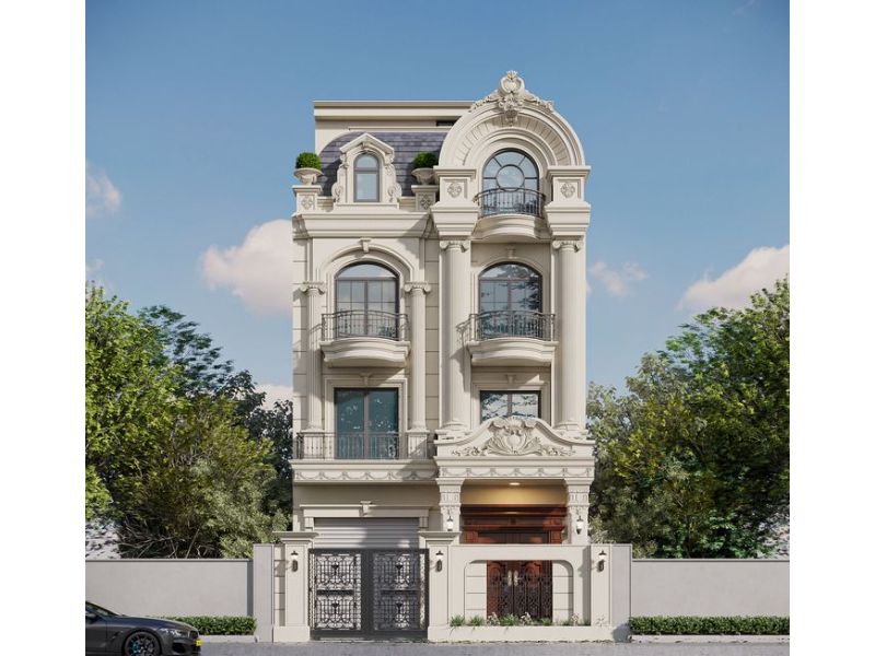 Thiết kế biệt thự tân cổ điển 3 tầng 1 tum mặt tiền 8m với hoa văn chạm trổ tinh xảo 