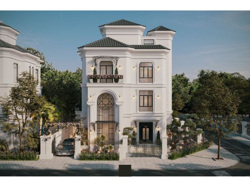 Hình ảnh đồ sộ, bề thế của mẫu biệt thự tân cổ điển 3 tầng 1 tum 10x12m 5 phòng ngủ 