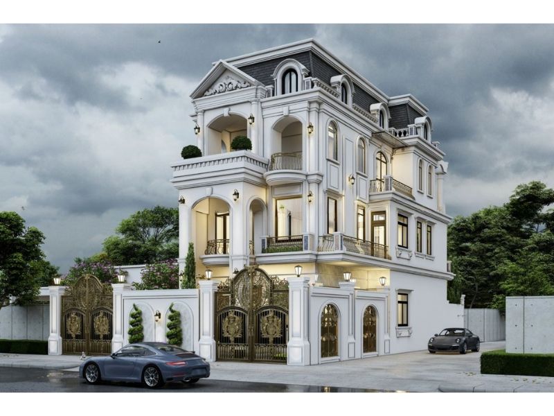 Biệt thự tân cổ 3 tầng 1 tum với hệ thống hàng rào sắt thẩm mỹ thể hiện nét đẹp quyền lực, sang trọng