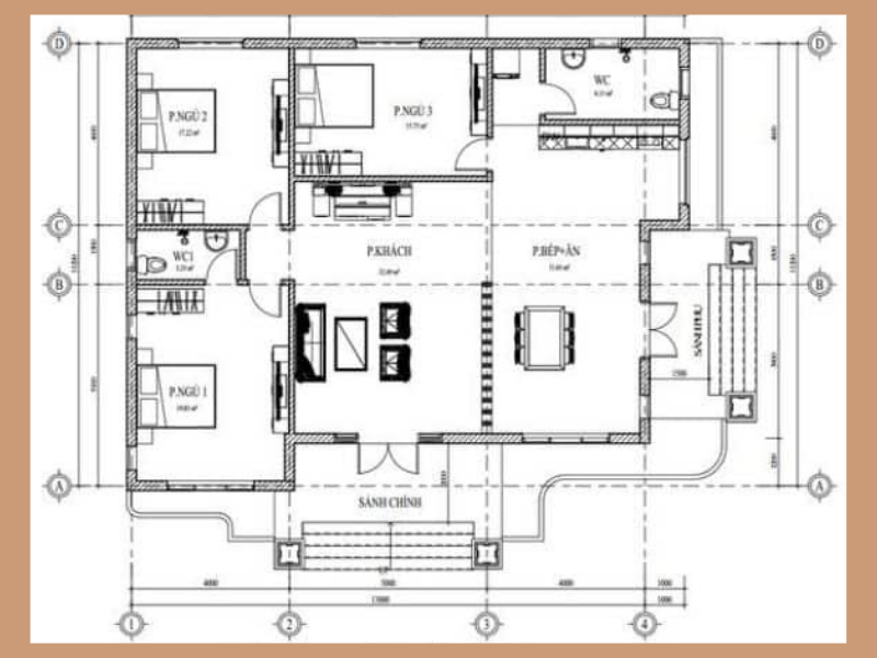 Mặt bằng mẫu nhà 1 tầng 3 phòng ngủ 1 phòng khách 5x16m