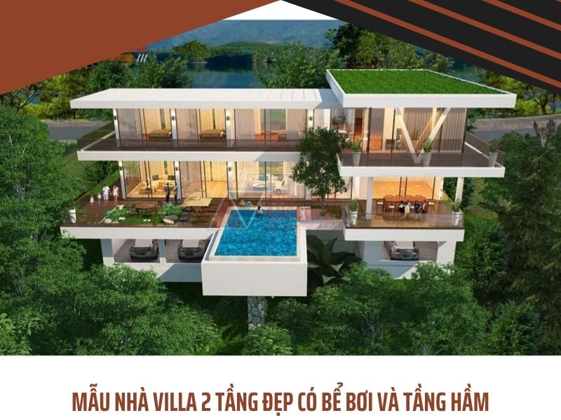 Phối cảnh 3D mẫu nhà villa 2 tầng đẹp có bể bơi và tầng hầm