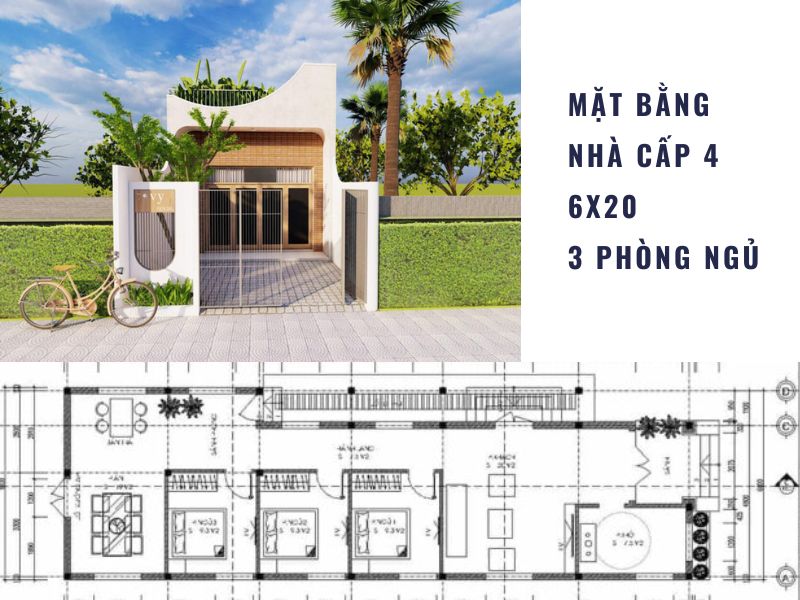 Thiết kế nhà cấp 4 1 tầng 6x20 3 phòng ngủ có phòng bếp bố trí cuối nhà