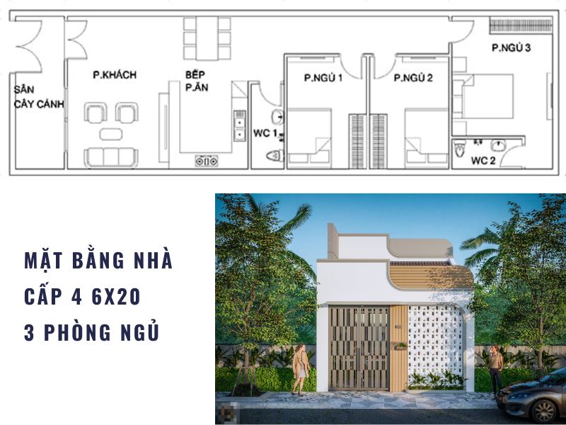 Bản vẽ mặt bằng nhà cấp 4 ngang 6m dài 20m 3 phòng ngủ 2 phòng vệ sinh 