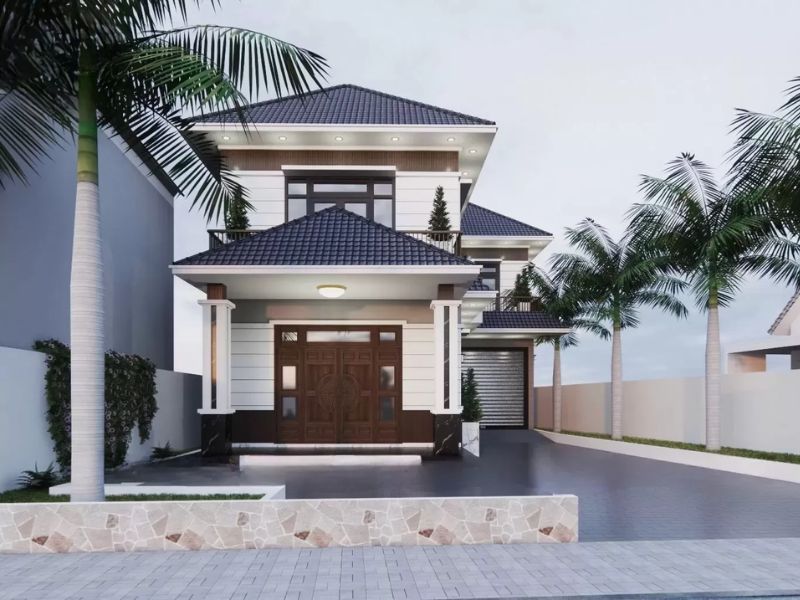Xây nhà 2 tầng chữ L 80m2 mái Nhật có gara để xe tiện lợi