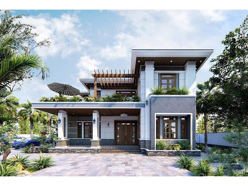 Lồng ghép linh hoạt các mảng xanh trong mẫu nhà chữ L 2 tầng 