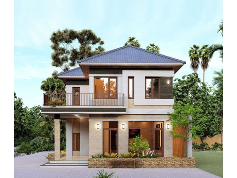 Hệ mái Nhật sử dụng trong ngôi nhà 2 tầng chữ L giúp tăng độ cao ráo và bề thế 