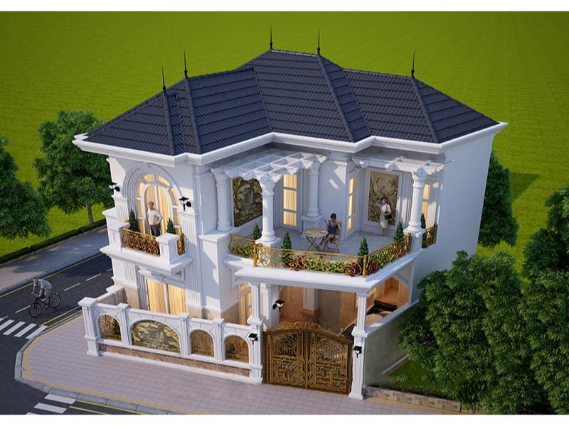 Kiến trúc tân cổ điển sang trọng quý phái trong mẫu nhà chữ L 2 tầng 80m2 