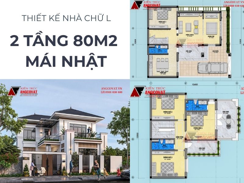 Thiết kế nhà 2 tầng chữ L mái Nhật hiệu quả trên diện tích 80m2 