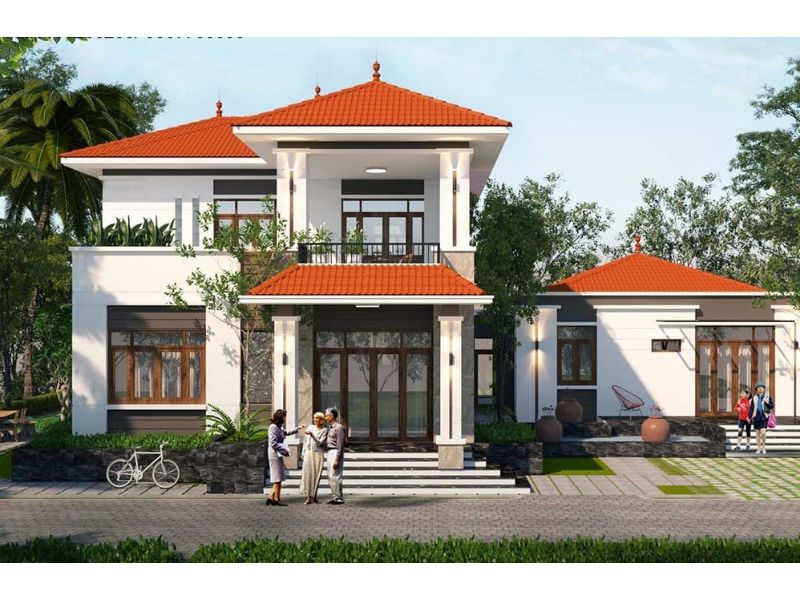 Mẫu nhà chữ L 2 tầng mái Nhật màu đỏ rực rỡ 