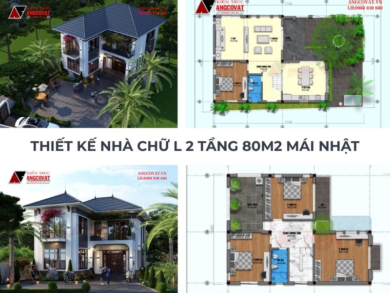 Mặt bằng nhà chữ L 2 tầng 80m2 mái Nhật